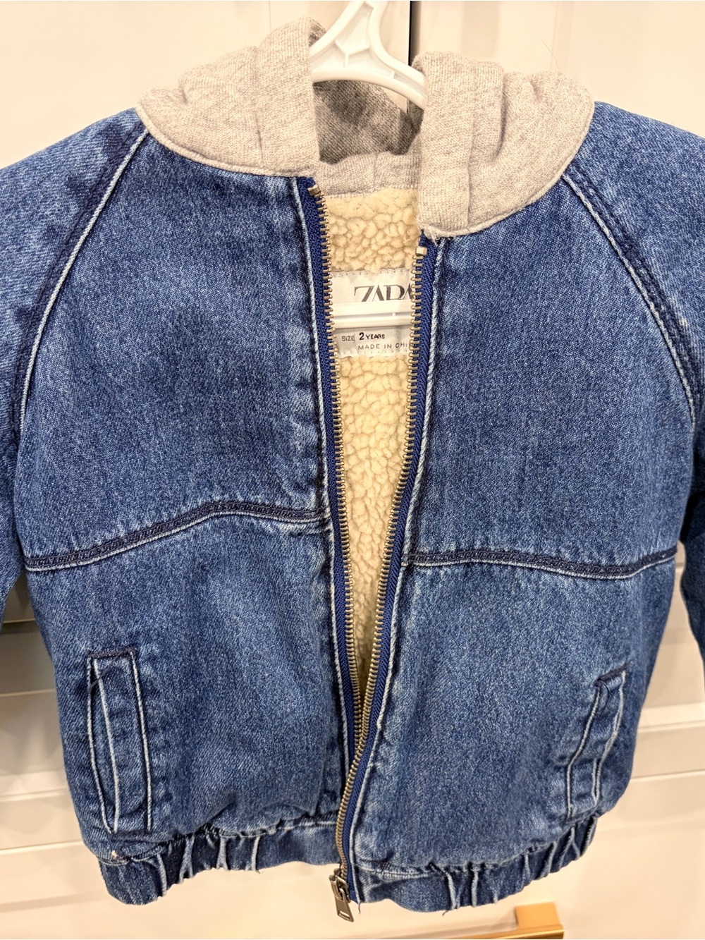 Zara Blue Denim Jacket with Cream Sherpa Lining and Gray Hood